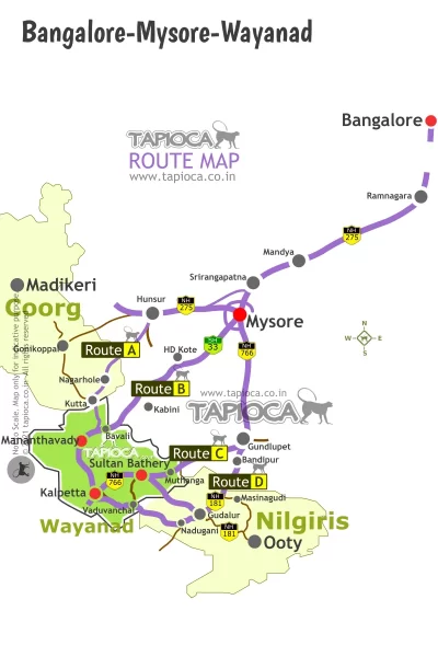 Bangalore-Mysore-Coorg-Wayanad-Ooty Route Map