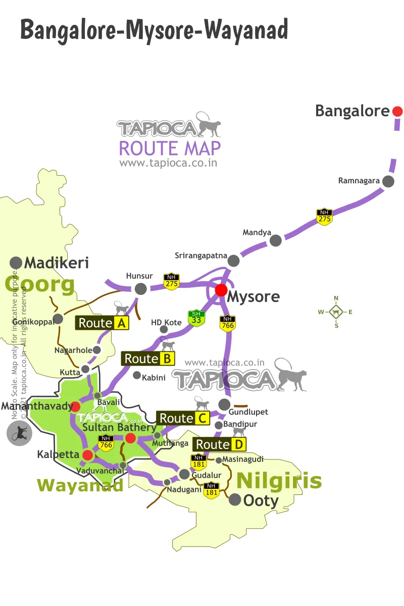 Bangalore-Mysore-Coorg-Wayanad-Ooty Route Map