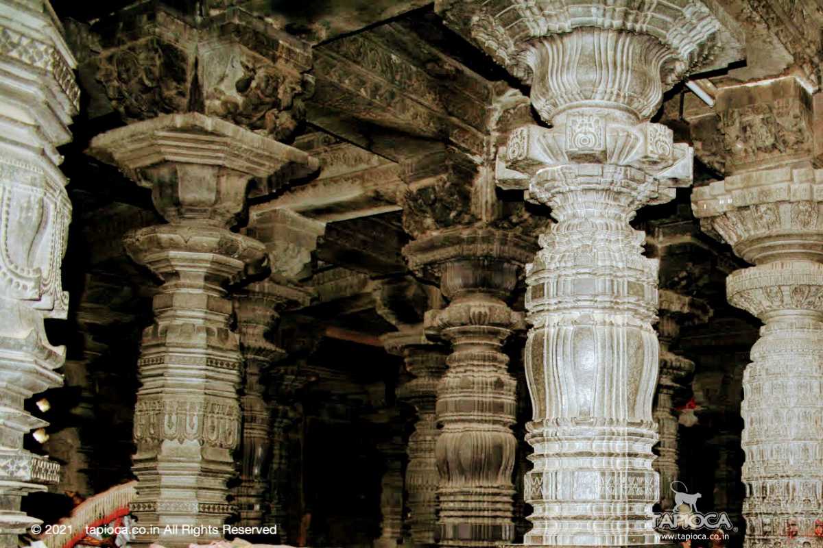 There are about 50 artistically decorated pillers inside the Chennakesava Temple of Belur. They are all unique and outstanding specimens of Hoysala architecture. A couple of the pillars are however outstanding - the Narasimha Temple and the Mohini pillar.