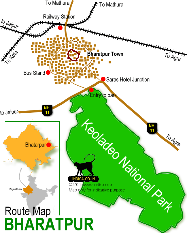 Location and route map for Keoladeo National Park in Rajasthan.