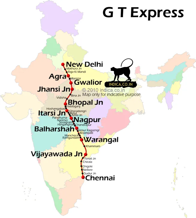 Route map of GT Express that connects New Delhi with Chennai in Tamilnadu