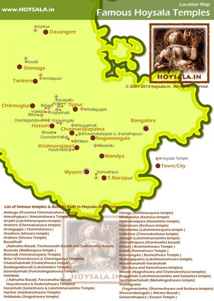 Location map of popular Hoysala Temples in Karnataka.