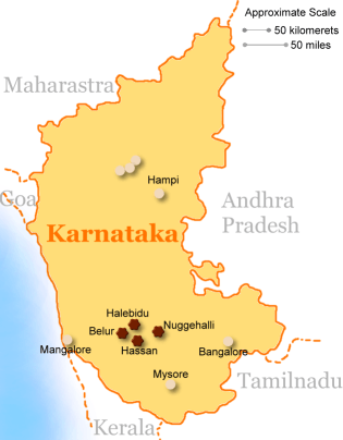 Belur, Halebid and Nugehalli on Karnataka map.