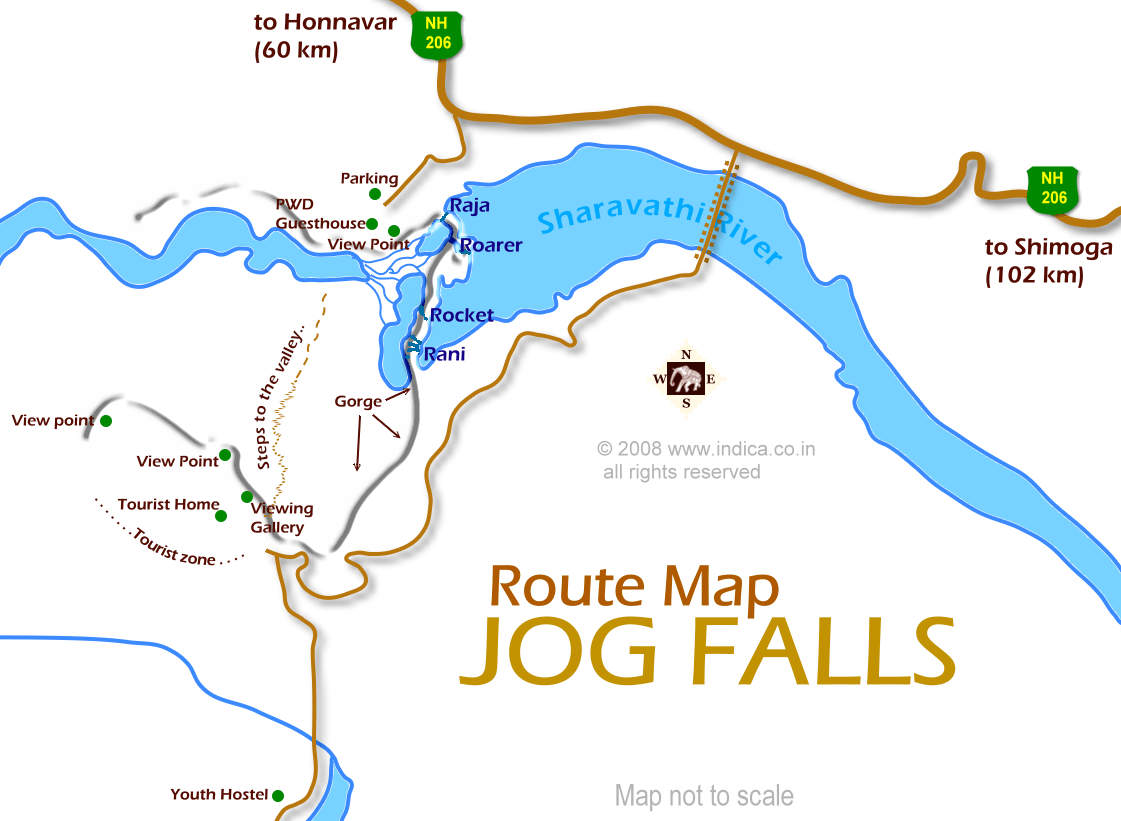 Map of Jog Falls near Shimoga. The map shows the locations of the four falls called  Raja , Rani , Roarer and Rocket.