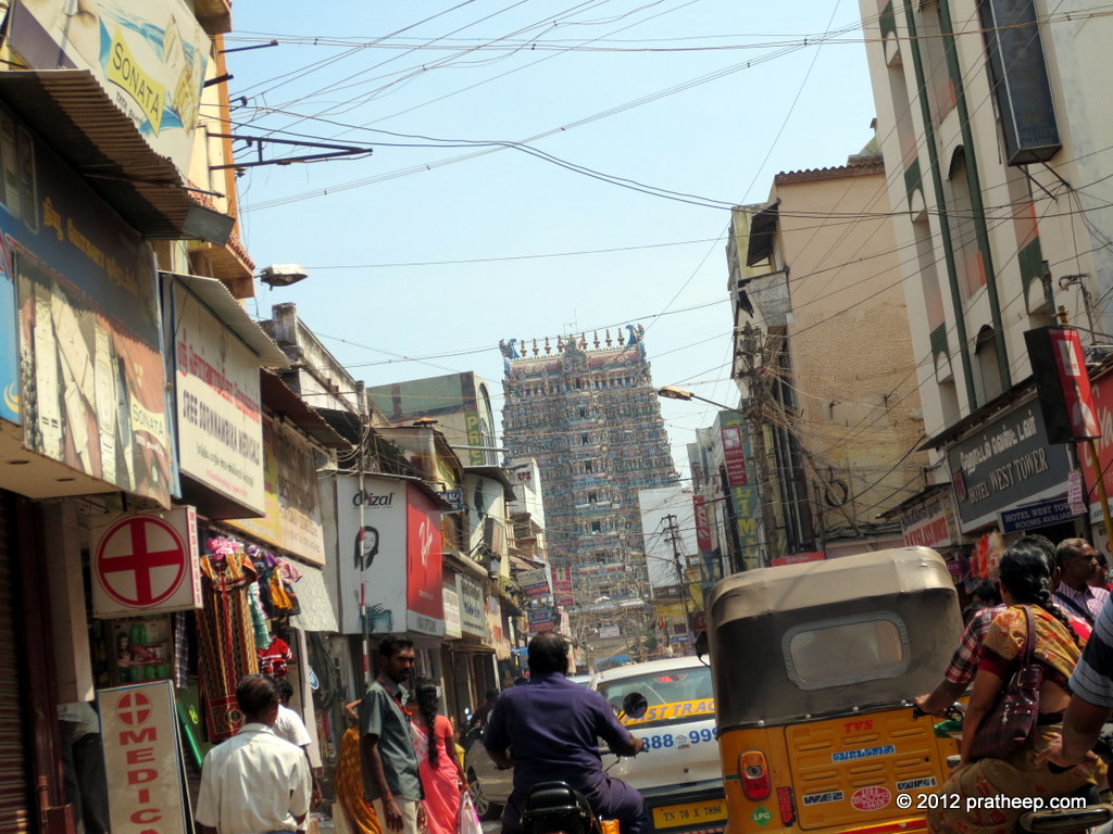 Madurai Town. Seen in the background is the gateway tower to the Meenakshi Temple Complex