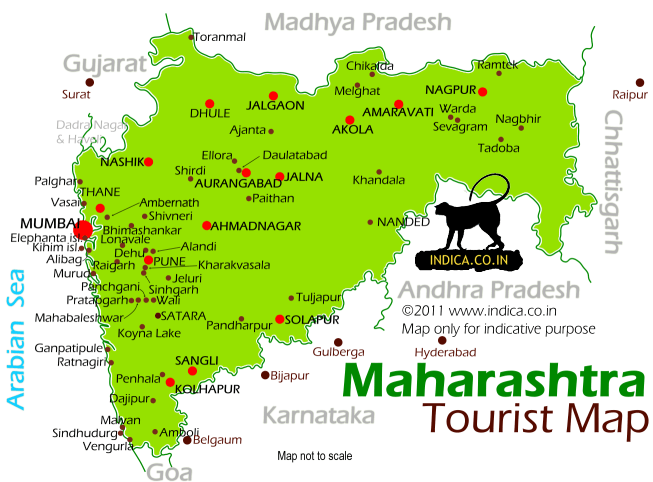 Map of Maharashtra with location of major places marked.