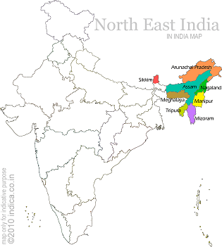 The contiguous Seven Sister States ( Arunachal Pradesh, Assam, Meghalaya, Manipur, Mizoram, Nagaland, and Tripura) and Sikkim.