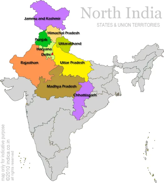 north-india-states North India Map : Delhi, Jammu and Kashmir, Himachal Pradesh, Uttarakhand, Haryana, Punjab, Rajasthan, Uttar Pradesh, Chhattisgarh and Madhya Pradesh. India Map : Delhi, Jammu and Kashmir, Himachal Pradesh, Uttarakhand, Haryana, Punjab, Rajasthan, Uttar Pradesh, Chhattisgarh and Madhya Pradesh.