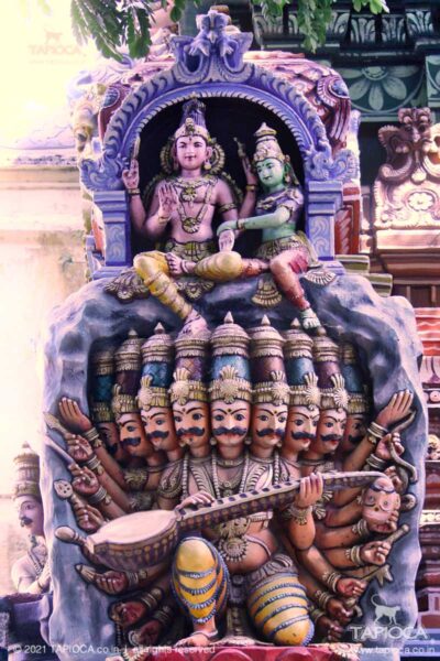 The ten headed king Ravana tries to lift Mount Kailash, the abode of Lord Shiva and Goddess Parvati.