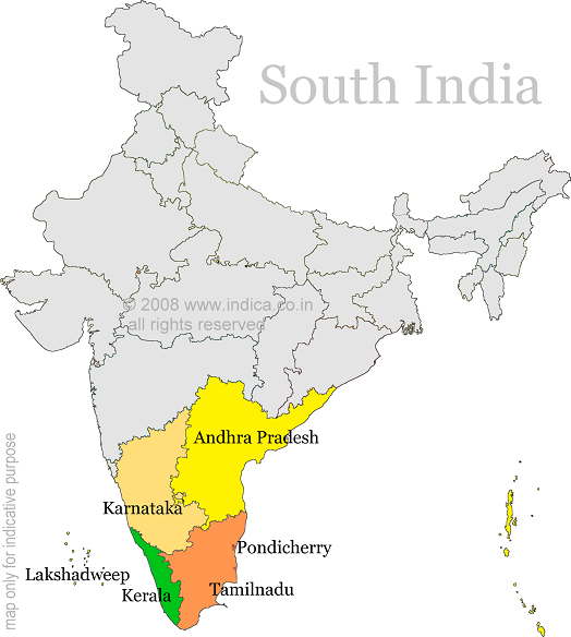 Map showing the south Indian states