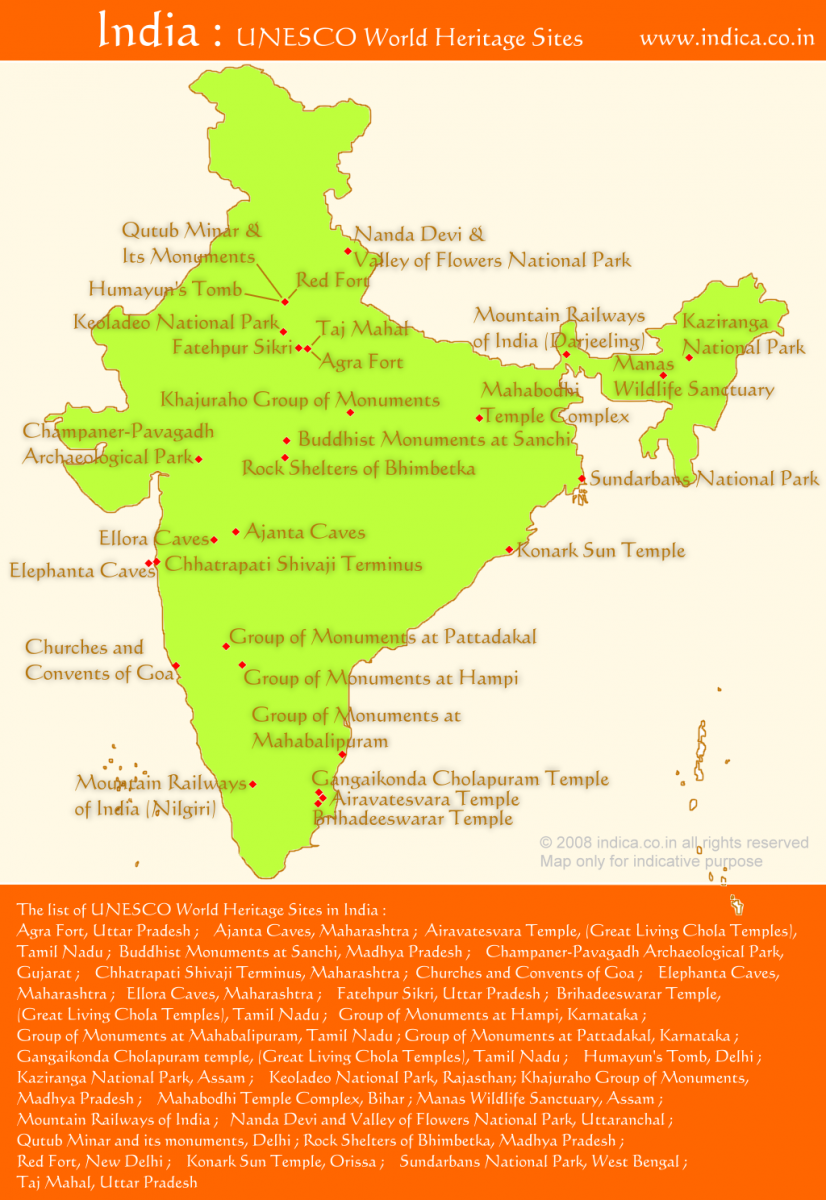 Map showing the UNESCO World Heritage Sites in India 