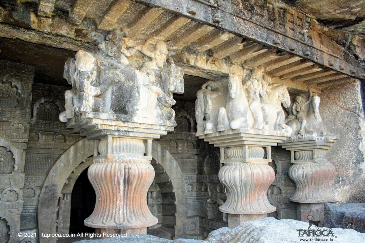 The facade of the Chaitya with inverted lotus capitals