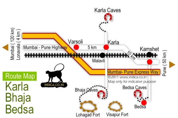 Route map to Bhaja Caaves,Karla Caves and Bedse Caves from Kamshet on Mumbai-Pune Express way