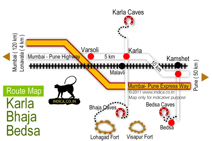 Route map to Bhaja,Karla and Bedse from Kamshet on Mumbei-Pune Express way