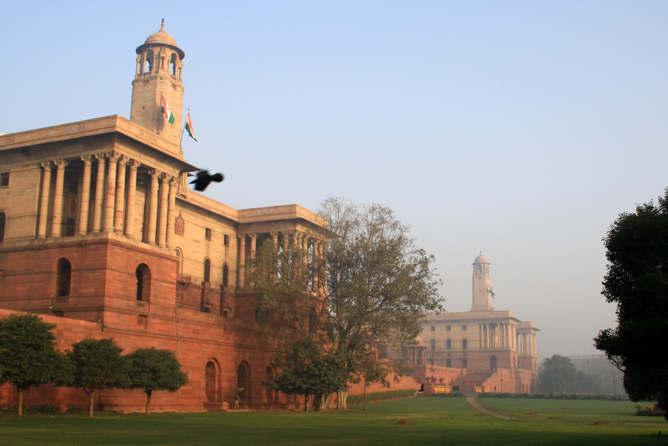 The federal administrate blocks in New Delhi. The twin shades of red sandstone used to build structures are typical examples of the Lutyen's architecture style used in Delhi's structures. 