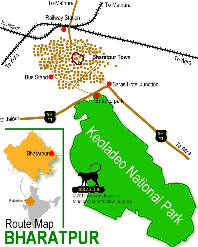 Bharatpur route map Location and route map for Keoladeo National Park in Rajasthan.
