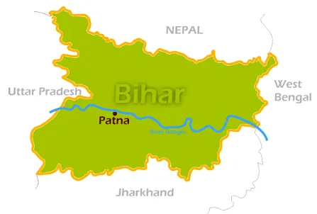 Bihar Map Bihar and its neighbouring states Jharkhand , West Bengal , Uttar Pradesh and the Kingdom of Nepal