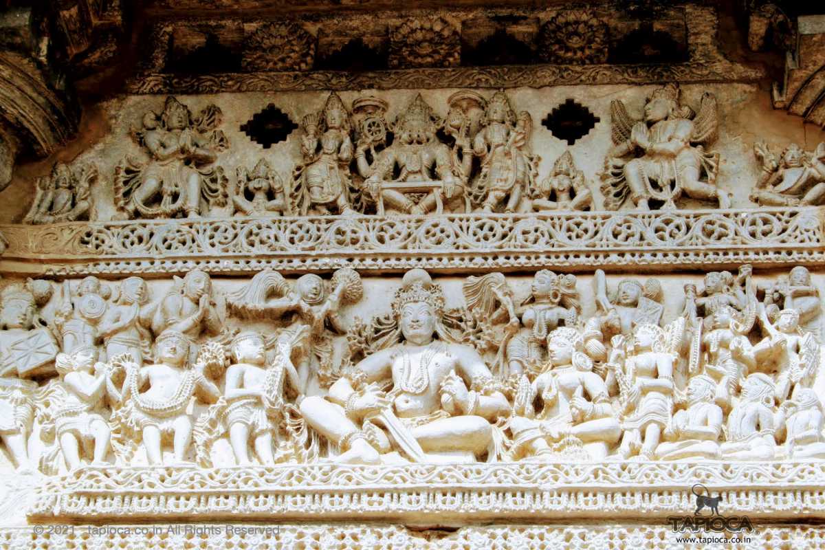 Court scene of King Vishnuvardhana carved at the Chennakeshava Temple