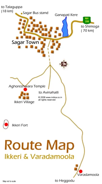 Route map for Ikkeri and Varadamoola from Sagar