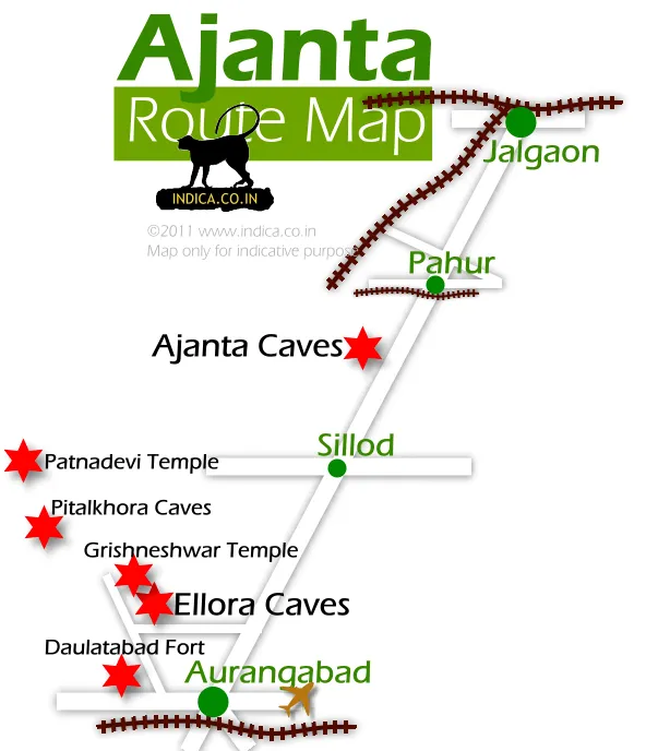 Route map for Ajanta and Ellora from Aurangabad
