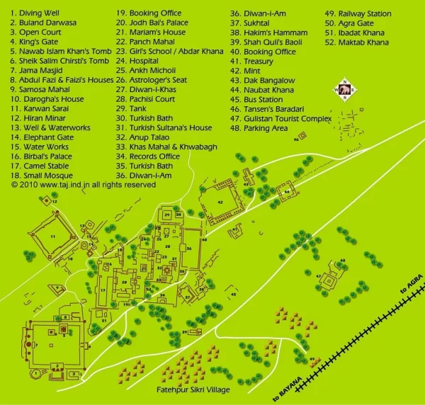 A detailed map of Fatehpur Sikri showing all the ruins site with descriptions.