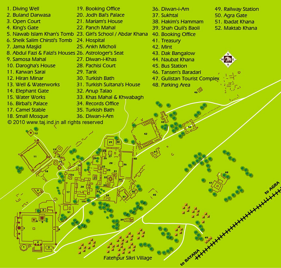 A detailed map of Fatehpur Sikri showing all the ruins site with descriptions. 