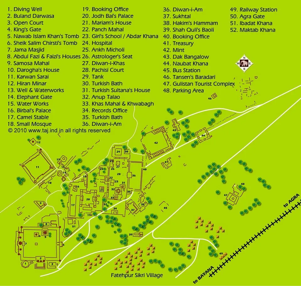 A detailed map of Fatehpur Sikri showing all the ruins site with descriptions.