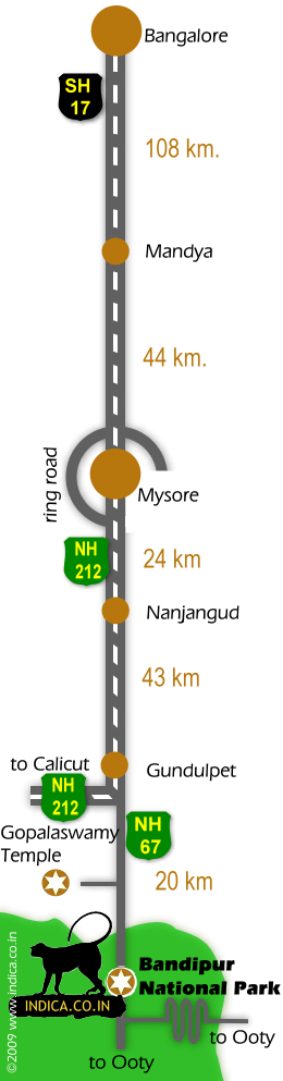 Bangalore to Bandipur road map. Route map with distances from Bangalore to Bandipur via Mysore  