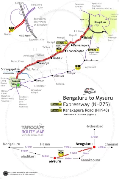 Bangalore to Mysore Expressway (NH275) route and distances.