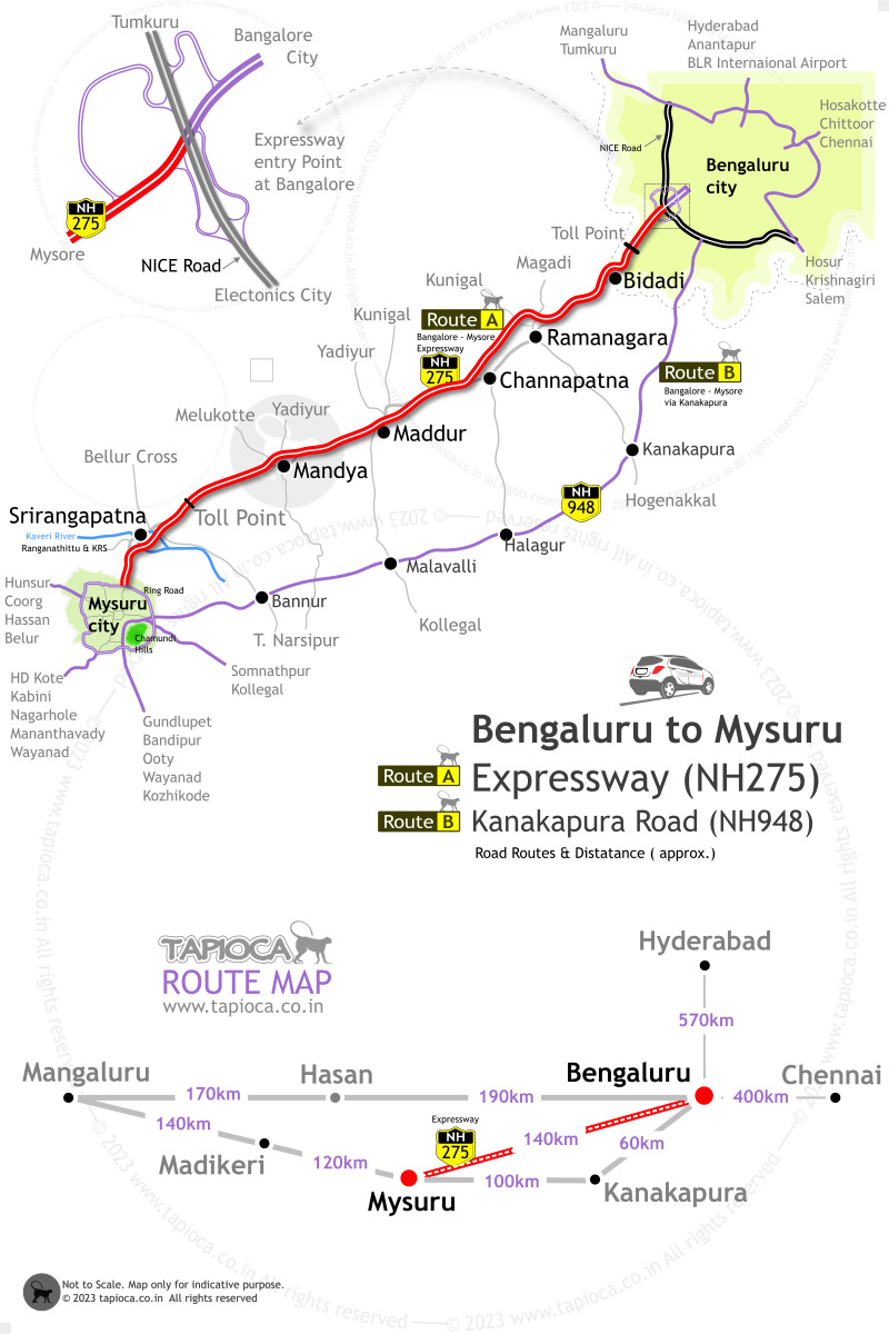 Bangalore to Mysore Expressway (NH275). Expressway entry point from Bangalore city. Road routes to Mysore from Bangalore and distances. 