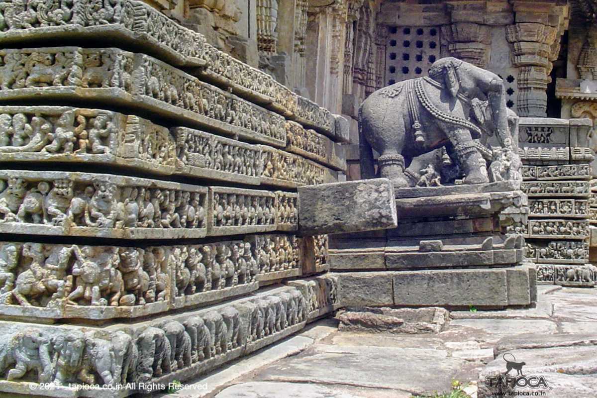 Boldly executed elephants in the porch to the Mallikarjuna Temple.