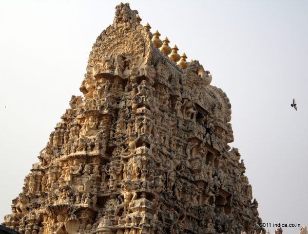 Heavyly stucco decorated tower of the Ekambaranathar Temple