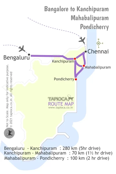 Route Map Kanchipuram-Mahabalipuram-Pondicherry
