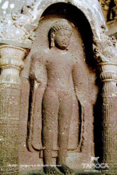 Buddha in Standing posture. Image on the Stupa in Cave 19 in Ajanta Caves