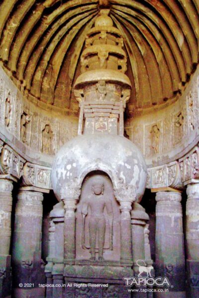 Inside Ajanta Cave 19 . The stupa with standing image of Buddha carved on it