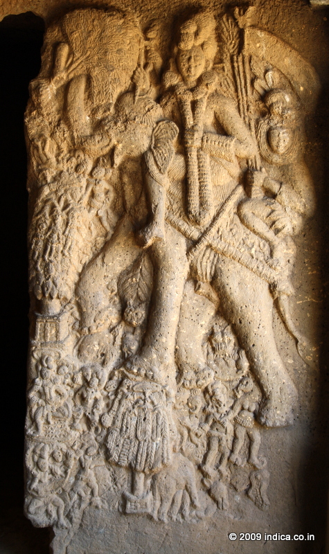 India riding the white called Airavata: 

In the veranda of the  Cave 19 of the Bhaja Caves you'll find one of the earliest pictorisation of Indra , the lord of Gods. This probably dates back to 2nd century BC.
