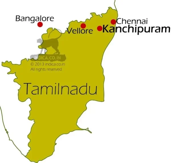 Kanchipuram in Tamilnadu is located 72km southwest of Chennai. Also Kanchipuram by road is 70km and 280 km east of Vellore and Bangalore respectively.