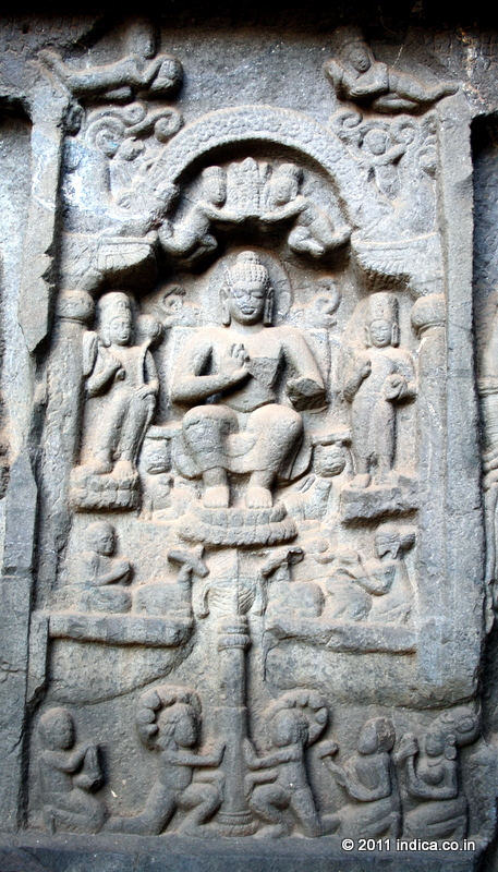 Buddha image on the vestibule wall of Karla Caves