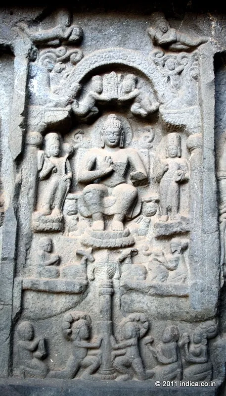 Karla Caves. The pillars on either sides of the hall, some even with inscriptions engraved on them reflects the sculptural art of the period.