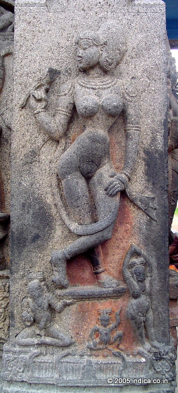 Nymph image on pillar outside the Varadharaja-perumal temple.