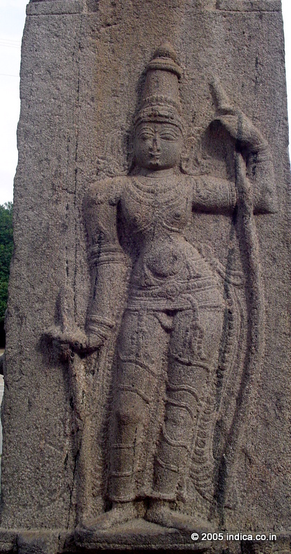 Lord Rama with bow and arrow. Image on a pillar at Varadharaja Perumal Temple at Kanchipuram