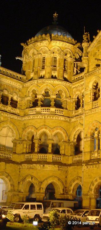 Chhatrapati Shivaji Terminus built in high Victorian Gothic style of architecture. Note the fusion of Victorian Italianate Gothic Revival architecture and traditional Indian architecture styles.