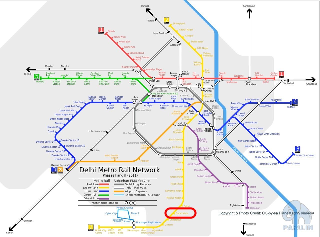 Delhi Metro network and Railway station for Qutab Minar