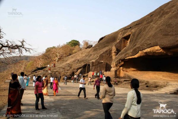Open court in front of the main caves at Kanheri