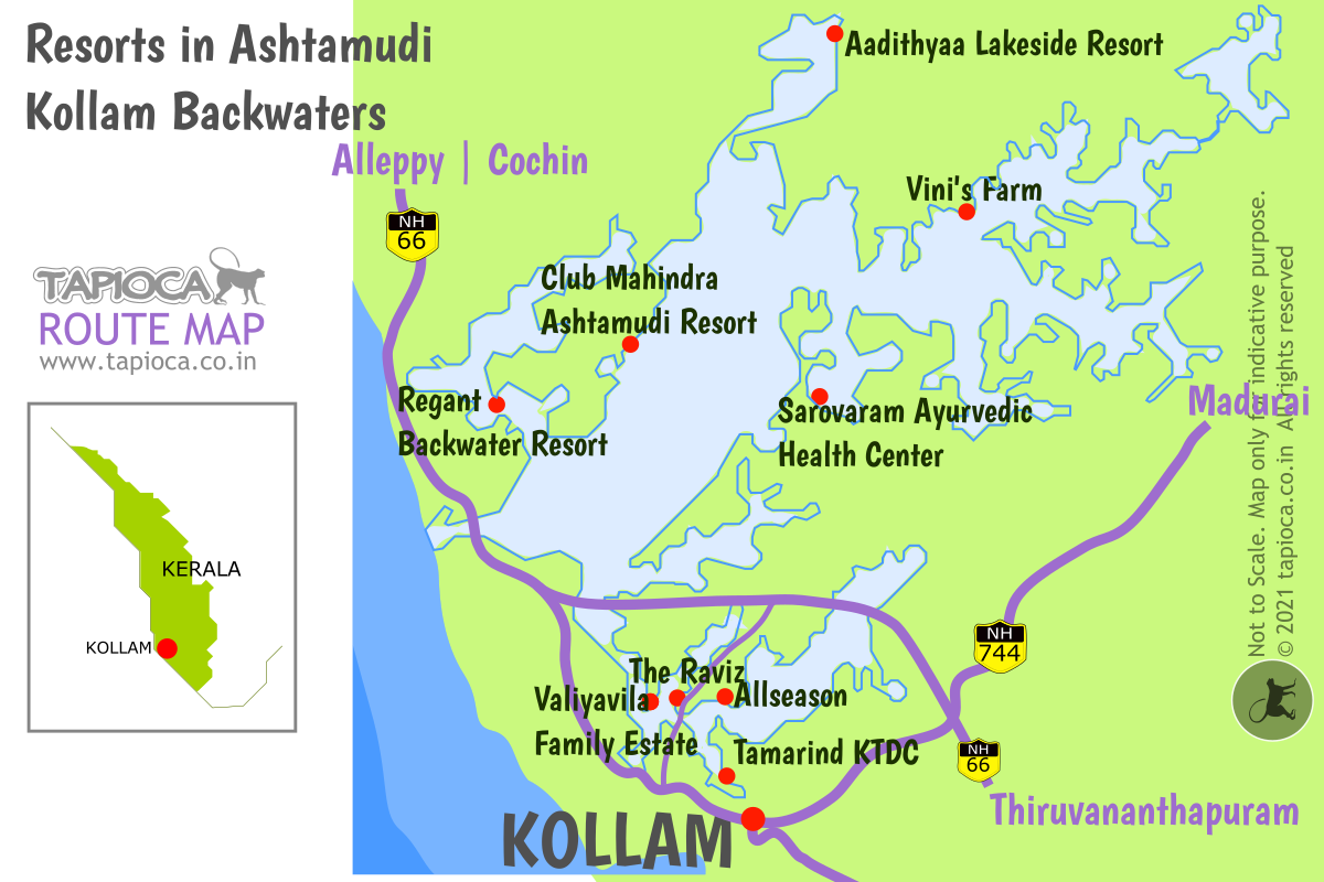 Resorts and Hotels located around the Ashtamudi lake in Kollam, Kerala.
