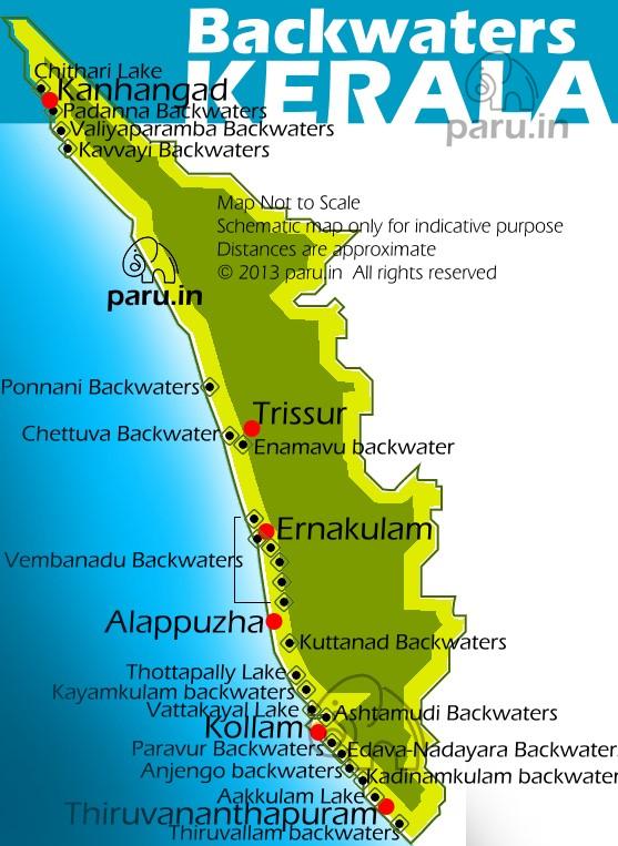 Kerala backwaters map showing the locations of Lake, Kayamkulam backwaters, Thottapally Lake, Kuttanad Backwaters, Vembanadu Backwaters, Enamavu backwater, Chettuva Backwater, Ponnani Backwaters, Kavvayi Backwaters, Valiyaparamba Backwaters, Padanna Backwaters, Padanna Backwaters, Thiruvallam backwaters,Aakkulam Lake,Kadinamkulam backwaters,Edava-Nadayara Backwaters,Paravur Backwaters, Ashtamudi Backwaters, Vattakayal 