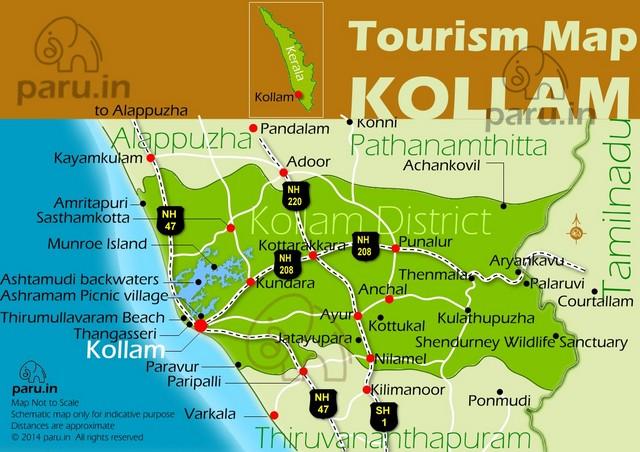 Map of Kollam district showing major tourist places.