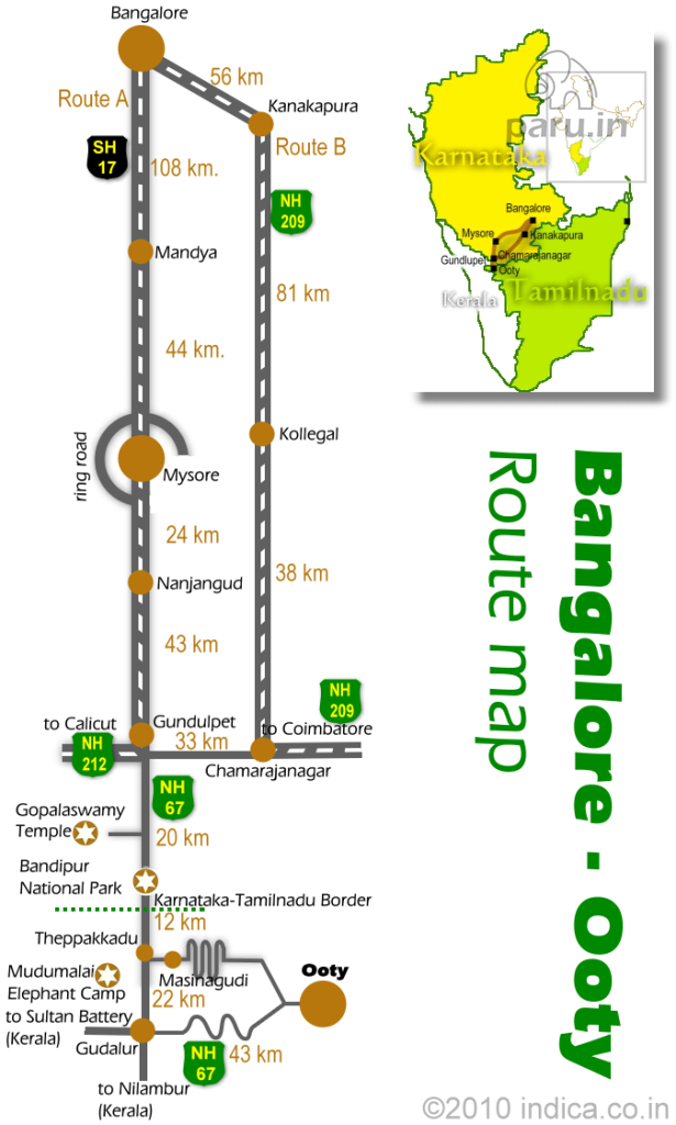 Bangalore to Ooty Distance is about 300km. 

The two major road routes to Ooty from Bangalore: 

Bangalore – Mandya- Mysore – Gundlupet – Bandipur – Theppakkadu – ( via Masinagudi or Gudallur ) – Ooty

Bangalore – Kanakapura – Chamarajanagar – Gundlupet – Bandipur – Theppakkadu – ( via Masinagudi or Gudallur ) – Ooty
