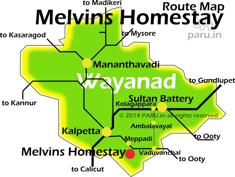Driving Directions and location of Melvins Homesaty in Wayanad