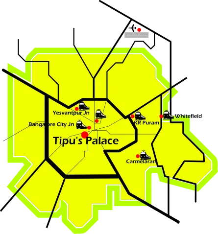 Tipu's Palace is located in the city center, south of the KR Market. This is about 2km south of Majestic and 5-10 minutes walk south of KR Market.
